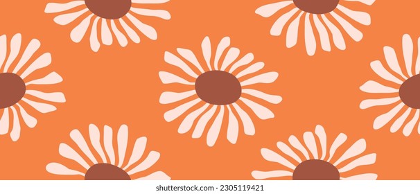 Patrón de vectores sin soldadura floral e irregular dibujado a mano. Sunflowers Beige-Brown Aisladas en un fondo de exuberancia naranja. Sencillo Resumen De Diseño Repetible De Jardín. Impresión interminable floral ideal para Fabric.