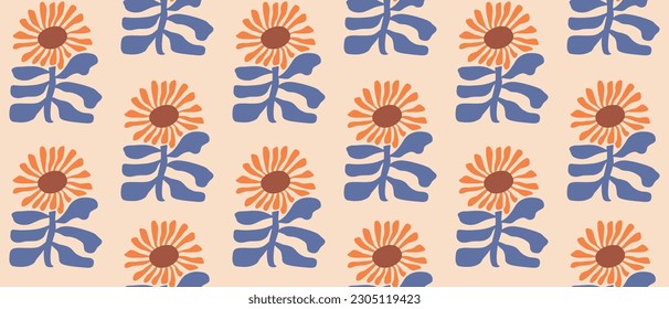 Hand Drawn Irregular Floral Seamless Vector Pattern. Orange-Blue Sunflowers with Galaxy Blue Leaves Isolated on a Ivory Background. Simple Abstract Garden Repeatable Design. Floral Endless Print.