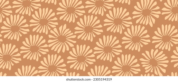 Hand Drawn Irregular Floral Seamless Vector Pattern. Ivory Tropical Flowers Isolated on a Caramel Brown Background. Simple Abstract Garden Repeatable Design. Floral Endless Print ideal for Fabric.