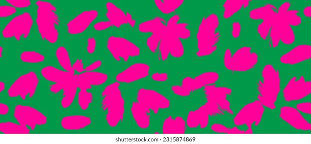 Hand Drawn Irregular Floral Seamless Vector Pattern. Bright Pink Flowers Isolated on a Green Background. High Contrast. Simple Abstract Garden Repeatable Design. RGB Colors. Floral Endless Print.