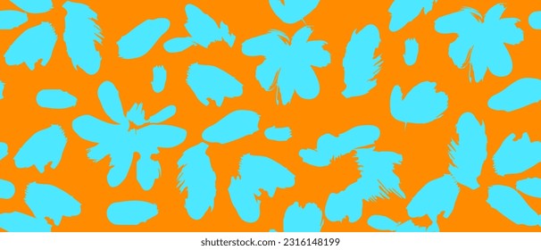 Hand Drawn Irregular Floral Seamless Vector Pattern. Turquoise Blue Flowers Isolated on an Orange Background. High Contrast.Simple Abstract Garden Repeatable Design. RGB Colors. Floral Endless Print.