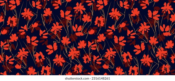 Hand Drawn Irregular Floral Seamless Vector Pattern. Red Flowers and Gold Twigs Isolated on a Dark Royal Blue Background. Simple Abstract Garden Repeatable Design. Sketched Floral Endless Print.