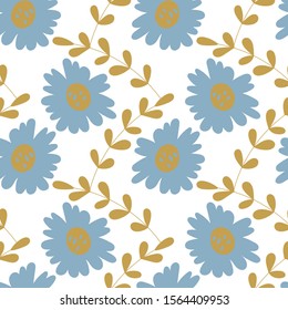 Hand drawn irregular floral vector patterns. Blue abstract flowers and branches isolated on white background. Simple flower vector repeatable design.