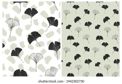 Hand Drawn Irregular Floral Vector Patterns with Black Sketched Ginkgo Biloba Leaves Isolated on a White and Pale Green Background. Garden Print with Falling Ginkgo Leaves ideal for Fabric, Textile.
