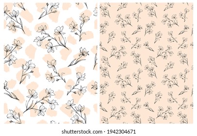 Hand gezeichnete unregelmäßige Blumenmuster mit schwarz geätzten Blütenzwiebeln einzeln auf weißem und rosafarbenem Hintergrund. Garden Print mit Falling Blumen Blätter ideal für Gewebe, Textilien.