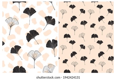 Hand Drawn Irregular Floral Vector Patterns with Black Sketched Ginkgo Biloba Leaves Isolated on a White and Blush Pink Background. Garden Print with Falling Ginkgo Leaves ideal for Fabric, Textile.