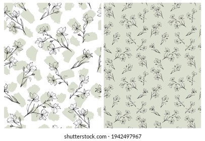 Hand Drawn Irregular Floral Vector Patterns with Black Sketched Blooming Tree Twigs Isolated on a White and Pale Green Background. Garden Print with Falling Flowers Leaves ideal for Fabric, Textile.