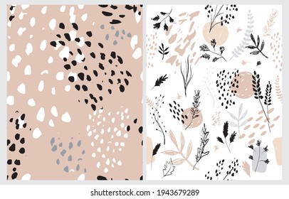 Hand Drawn Irregular Floral Vector Patterns with White Sketched Twigs and Flowers Isolated on a White and Blush Brown Background. Abstract Garden Repeatable Design. Wild Animal Skin Print. 