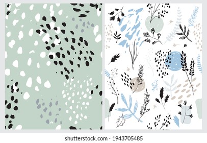 Hand Drawn Irregular Floral Vector Patterns with White Sketched Twigs and Flowers Isolated on a White and Mint Green Background. Abstract Garden Repeatable Design. Wild Animal Skin Print. 