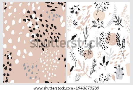 Hand Drawn Irregular Floral Vector Patterns with White Sketched Twigs and Flowers Isolated on a White and Blush Brown Background. Abstract Garden Repeatable Design. Wild Animal Skin Print. 