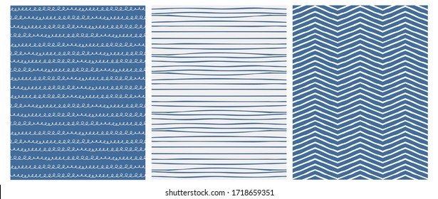 Hand Drawn Irregular Geometric Patterns. White Chevron and Lines with Loops Isolated on a Navy Blue Background. Blue Horizontal Stripes on Light Gray Layout. Cute Marine Style Illustration. 