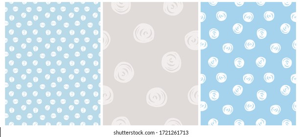 Hand Drawn Irregular Geometric Patterns. White Freehand Dots Isolated on a Light Gray and Light Blue Background. Blue-White Dotted Backdrop. Pastel Blue Swirls Print. Cute Infantile Repeatable Design.