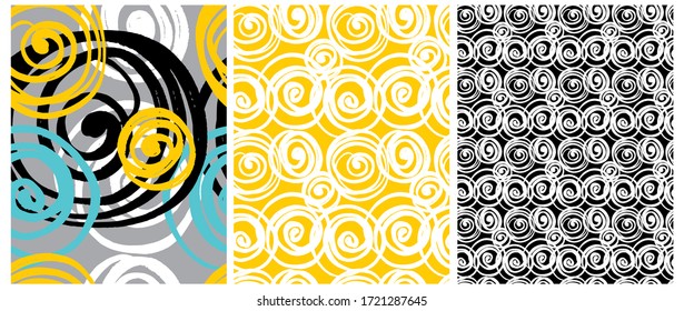 Hand Drawn Irregular Geometric Patterns. Freehand Circles Isolated on a Gray, Yellow and Black Background. Funny Swirls Vector Print. Cute Infantile Repeatable Design. Sribbles Backdrop.