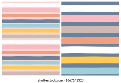 Hand Drawn Irregular Geometric Seamless Vector Patterns. Pink, Yellow, White and Beige Horizontal Stripes on a Dark Blue Background. Pastel Color Lines on a Light Pink Layout. Infantile Style Print.