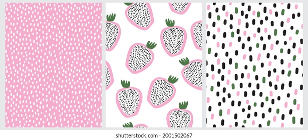 Hand Drawn Irregular Geometric Seamless Vector Patterns. Simple Abstract Exotic Fruits on a White Background. Pink, Green and Black Irregular Spots on a White Backdrop. White Brush Dots on a Pink.