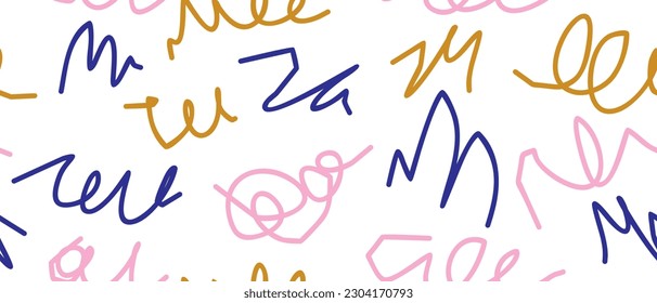 Hand Drawn Irregular Geometric Seamless Vector Pattern. Light Pink, Golden Orange, Royal Blue Swirls, Lines and Dabs Isolated on a White Background. Simple Abstract Doodles Repeatable Design. 