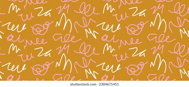 Hand Drawn Irregular Geometric Seamless Vector Pattern. Light Pink, White Swirls, Lines and Dabs Isolated on a Golden Orange Background. Simple Infantile Style Abstract Doodles Repeatable Design. 