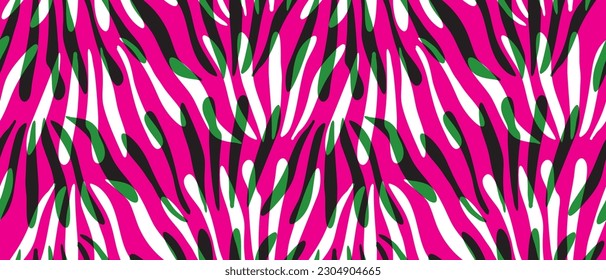 Patrón de vectores sin soldadura geométrico irregular dibujado a mano. Líneas onduladas en blanco, negro y verde aisladas en un fondo rosa magenta. Simple Estilo Infantil Resumen Impresión Repetible De Piel De Cebra. 