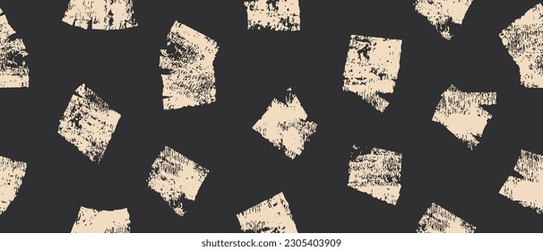 Hand Drawn Irregular Geometric Seamless Vector Pattern. Light Beige Brush Lines and Dabs Isolated on a Pale Black Background. Abstract Repeatable Design with Ivory Stripes on a Black Layout. 