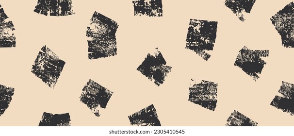 Hand Drawn Irregular Geometric Seamless Vector Pattern. Brush  Pale Black Lines and Dabs Isolated on a Light Beige Background. Abstract Repeatable Design with Black Stripes on an Ivory Layout. 