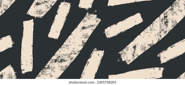 Hand Drawn Irregular Geometric Seamless Vector Pattern. Brush  Light BeigeStripes and Dabs Isolated on a Pale Black Background. Abstract Repeatable Design with Ivory Stripes on a Black Layout. 