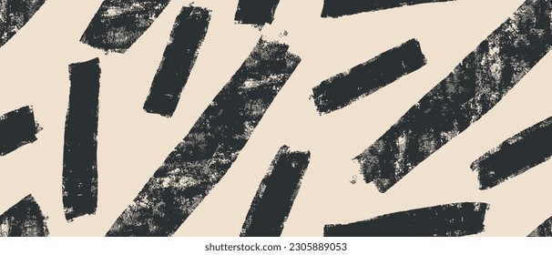 Hand Drawn Irregular Geometric Seamless Vector Pattern. Brush  Pale Black Stripes and Dabs Isolated on a Light Beige Background. Abstract Repeatable Design with Black Stripes on an Ivory Layout. 