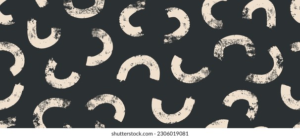 Hand Drawn Irregular Geometric Seamless Vector Pattern. Brush Light Beige Semi Circles Isolated on a Pale Black Background. Abstract Repeatable Design with Ivory Arcs on a Black Layout. 