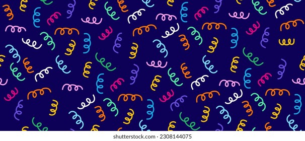 Hand Drawn Irregular Geometric Seamless Vector Pattern. Colorful Swirls on a Dark Blue Background. Simple Infantile Style Abstract Doodles Repeatable Design. Colorful Confetti Print. Rgb Colors.