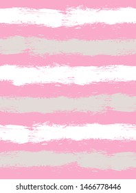 Hand Drawn Irregular Geometric Vector Pattern. White and Beige Horizontal Paintbrush Style Stripes Isolated on a Pink Background. Cute Infantile Style Illustration. Simple Striped Vector Design. 