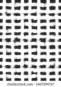 Hand Drawn Irregular Geometric Vector Pattern. White Paintbrush Style Grid Isolated on a BlackBackground. Cute Infantile Style Chequered Print. Children's Scrawl Like Design. 