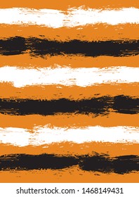 Hand Drawn Irregular Geometric Vector Pattern. White and Black Horizontal Paintbrush Style Stripes Isolated on an Orange Background. Cute Infantile Style Illustration. Children's Scrawl Like Design. 