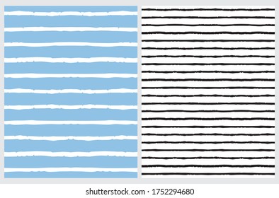 Hand Drawn Irregular Geometric Vector Patterns. Blue and Black Horizontal Stripes Isolated on a White Background. Infantile Style Abstract Graphic. Cute Striped Repeatable Design.
