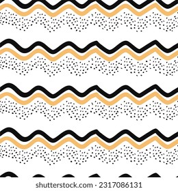 Hand drawn irregular geometric vector pattern with yellow and black wavy lines and dots on a white background.