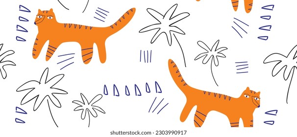 Hand Drawn Irregular Jungle  Seamless Vector Pattern. Orange Tigers and Black Palms Isolated on a White Background.Simple Abstract Safari Repeatable Design. Wild Cat in a Jungle Endless Print.