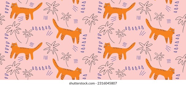 Hand Drawn Irregular Jungle Seamless Vector Pattern. Orange Tigers and Black Palms Isolated on a Pastel Pink Background.Simple Abstract Safari Repeatable Design.Wild Cat in a Jungle Endless Print.