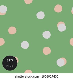 Hand drawn irregular polka dots circles timeless seamless pattern vector. Classic with a twist. Irregular layout, random composition, trendy design. Elegant garden green color light blue stylish pink