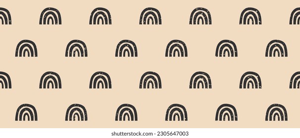 Hand Drawn Irregular Seamless Vector Pattern with Rainbow made of Pale Black Brush Lines and Dabs Isolated on a Light Beige Background.Abstract Repeatable Rainbow Design with Black Stripes on a Ivory.