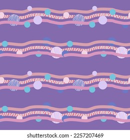 Patrón de rayas irregulares dibujado a mano con línea y puntos de estilo pastel dulce. Diseño horizontal abstracto de rayas coloridas para tela, impresión, papel pintado y envoltura.