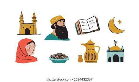 Hand drawn Islam religion vector illustrations set. Isolated Ramadan holiday clipart objects. Arab man, woman, date fruit. Mosque building, quran, coffee pot. Moon, star. Iftar dinner, Eid mubarak