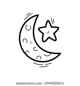 Hand Drawn Islamic Crescent Moon and Star Illustration. Doodle Vector. Isolated on White Background - EPS 10 Vector