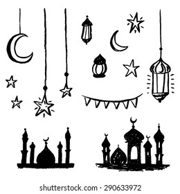 Hand drawn islamic design elements set.