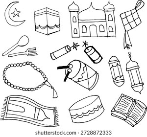 Handgezeichnete islamische Doodle-Illustration rund um Ramadan und Eid al-Fitr in einem schwarz-weißen Linien Kunststil. Das Kunstwerk umfasst verschiedene ikonische islamische Elemente wie eine Moschee, einen Halbmond und einen Stern, Tasbih (Gebetsperlen), den Heiligen Koran, die Kaaba, Ramadan-Laternen, Gebetsteppich, Bettrommel, Ketupat und traditionelle Essutensilien. Das klare und einfache Design macht diese Illustration ideal für religiöse Designs, Bildungsinhalte, Projekte zum Thema Ramadan, Grußkarten, Poster, Social-Media-Inhalte, Arbeitsblätter für Kinder und islamische Dekorelemente. Diese Illustration vermittelt eine spirituelle, warme und traditionelle Atmosphäre, die eng mit dem heiligen Monat der Ramadan- und Id-Feierlichkeiten verbunden ist.
