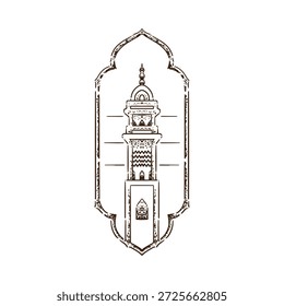 Marco islámico dibujado a mano con ilustraciones de estilo grunge de la torre de la mezquita