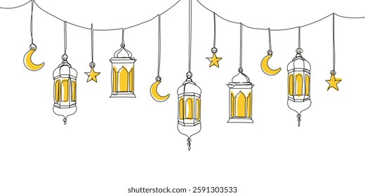 Hand drawn islamic lantern hanging doodle continuous line art decoration on white background