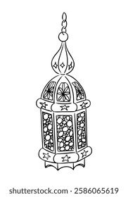 Hand drawn Islamic lantern illustration in black and white, featuring intricate patterns and traditional design, perfect for Ramadan, Eid, decorations, and coloring pages