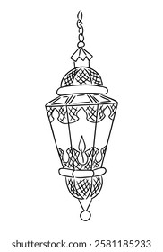 Hand drawn Islamic lantern with intricate patterns, a candle flame inside, and traditional decorative details, symbolizing spirituality and festive occasions. Vector line art illustration