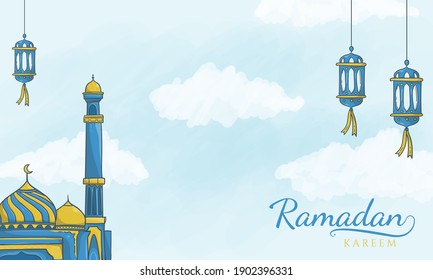 Hand drawn islamic latern and mosque ramadan kareem background