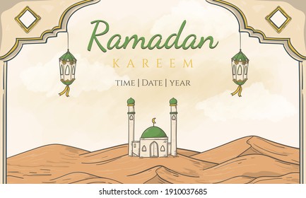 Latas islámicas dibujadas a mano y fondo de la mezquita ramadan kareem