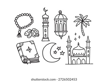 Dibujado a mano islámico Ramadán Doodle iconos con la mezquita, luna creciente, linterna, Corán, cuentas de oración, palmera. Ilustración vectorial religiosa negra aislada sobre fondo blanco. Fruta de la cita, Stars.