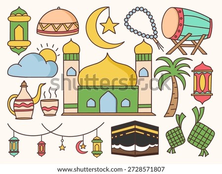 Hand drawn Islamic Ramadan icon set with mosque, crescent moon, lantern, and traditional symbols. Simple line art icons for Ramadan, Eid, greeting, and Islamic designs